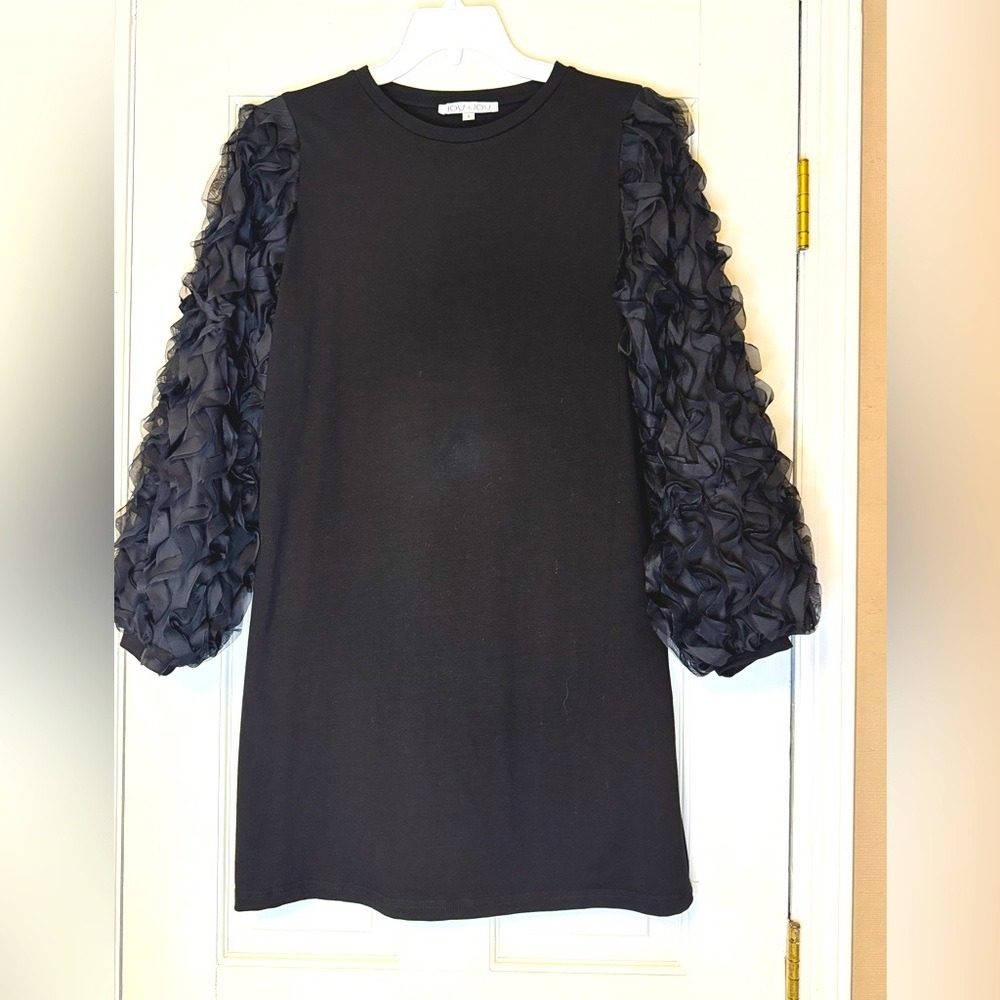 Joy Joy Black Ruffle Tulle Sleeve Shift Dress Women Small Round Neck Knit Mini
